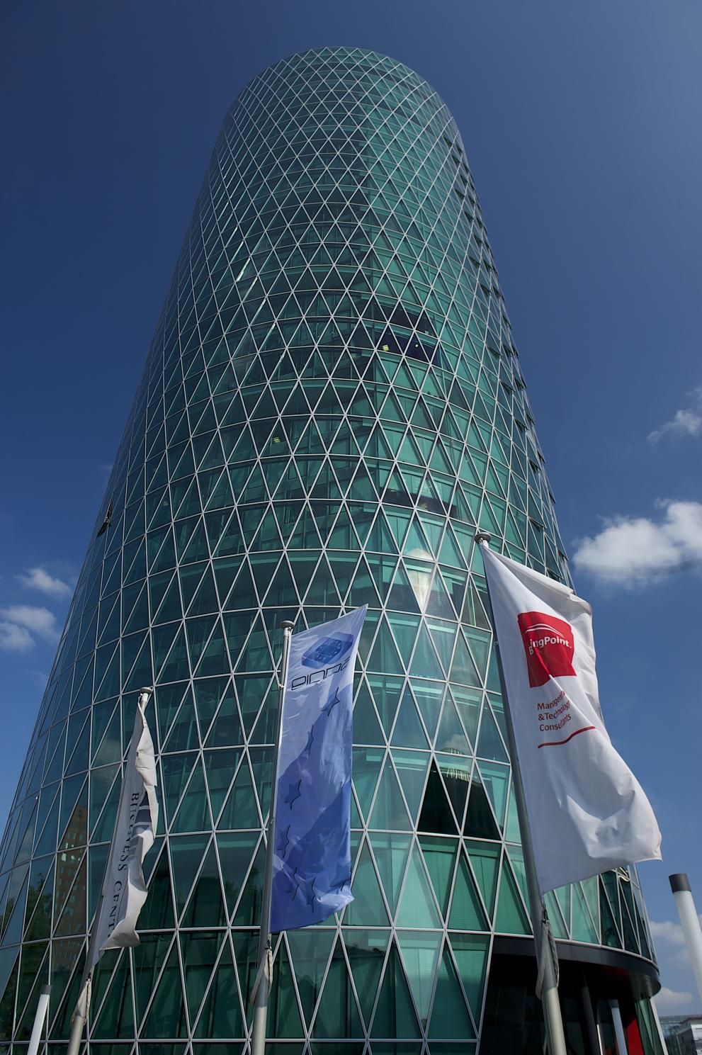 EIOPA main buidling with flags - Westhafen Tower - Frankfurt am Main.jpg